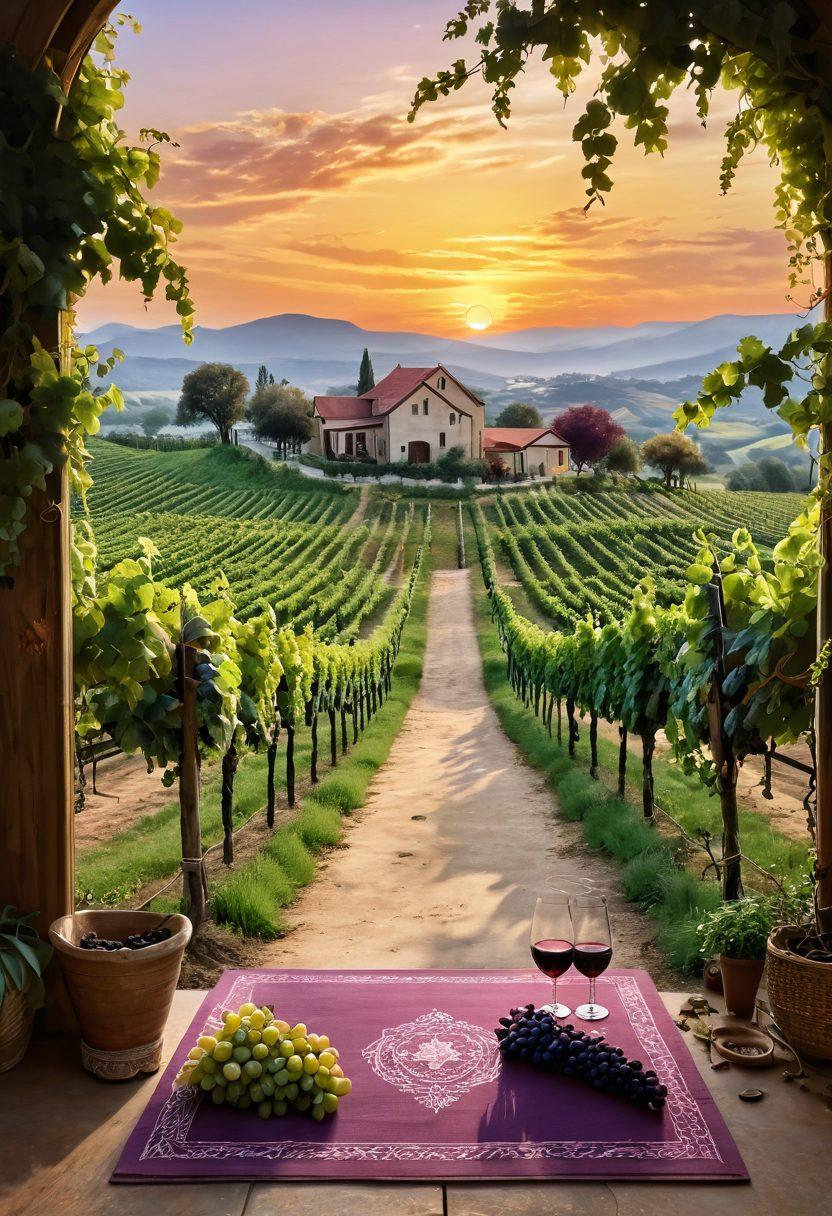 A picturesque vineyard at sunset, showcasing lush grapevines bursting with ripe grapes, with a serene path leading to a rustic winery. Include a glass of local wine in the foreground reflecting the golden sky, alongside wellness symbols like herbs and a yoga mat. The atmosphere should evoke a sense of tranquility and vitality. vibrant colors. super-realistic.