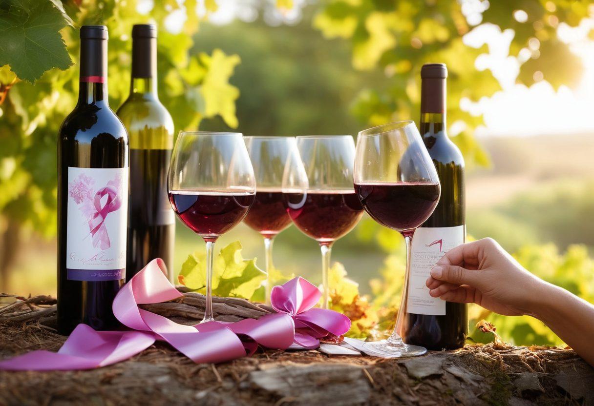 A cozy vineyard scene showcasing a diverse group of friends enjoying glasses of wine, surrounded by lush grapevines and soft sunlight filtering through the leaves. In the foreground, a wine bottle with a colorful cancer awareness ribbon wrapped around it, symbolizing the connection between wine culture and cancer awareness. Add elements of serenity and joy, with hints of educational materials about cancer prevention subtly placed in the background. super-realistic. vibrant colors. warm lighting.