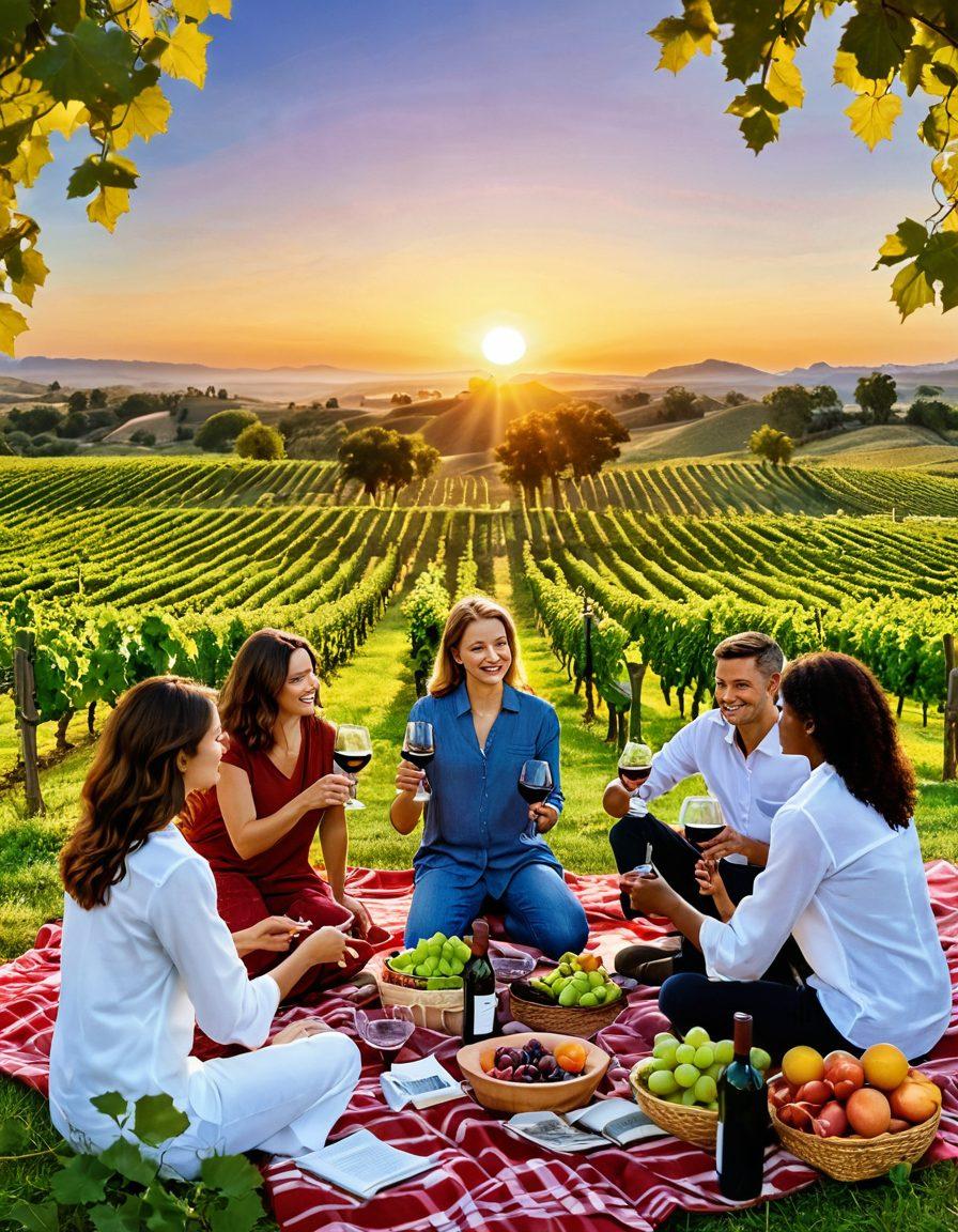 A serene vineyard landscape at sunset, with a diverse group of people joyfully toasting glasses of red wine, surrounded by lush grapevines and informative wine education posters on easels. Include visual elements highlighting cancer prevention strategies like fresh fruits and vegetables on a picnic blanket. The atmosphere exudes warmth, knowledge, and celebration of health. super-realistic. vibrant colors.